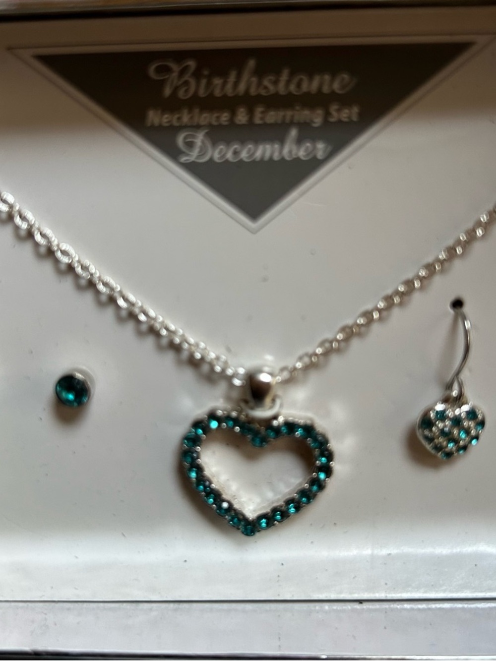 December Birthstone Heart Necklace & Earring Set - Silvertone with Teal Stones - Picture 2 of 2